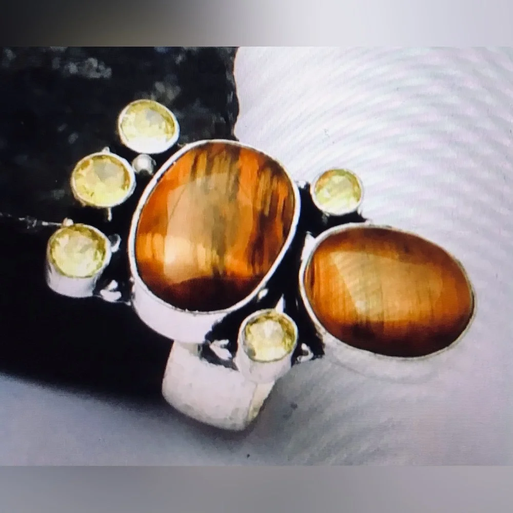 Tiger Eye Citrine Stamped 925 Sterling Silver Ring